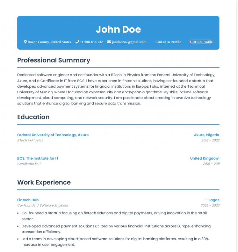 a screenshot of a personal resume