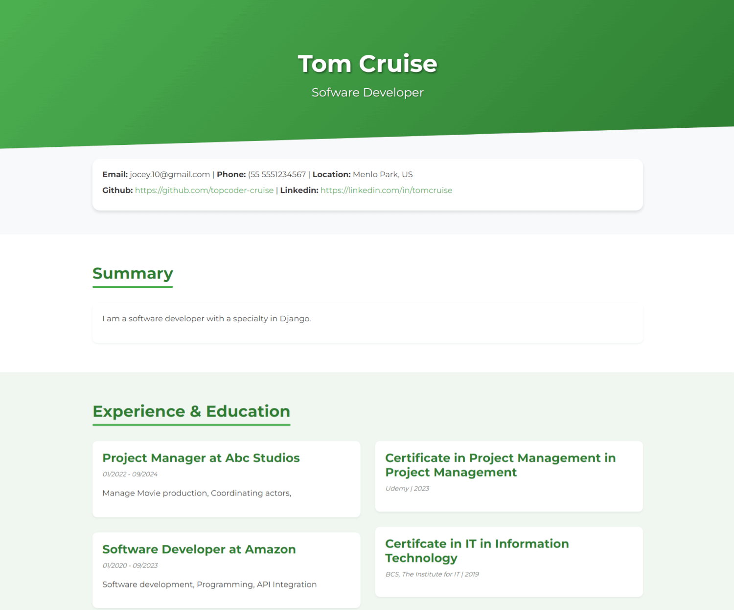 Nature green resume website